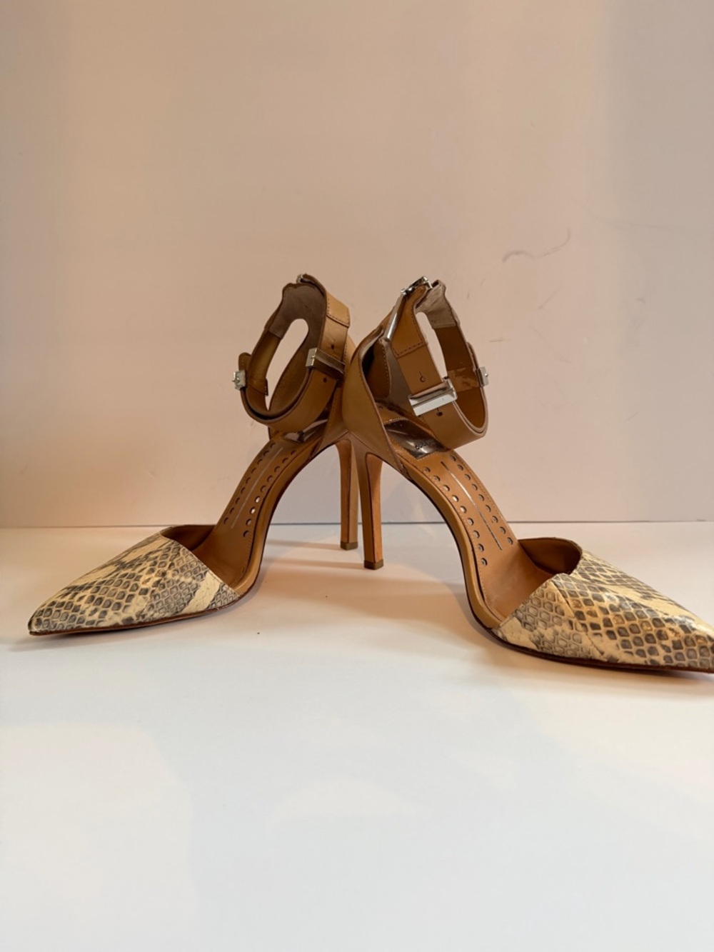 Dolce Vita Tan Snake-Print Pointed Ankle-Strap Heels
